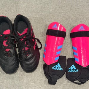 Size 13.5K Black/Pink Kids Adidas Goletto VIII Turf Cleats and Shin Guards (Used)