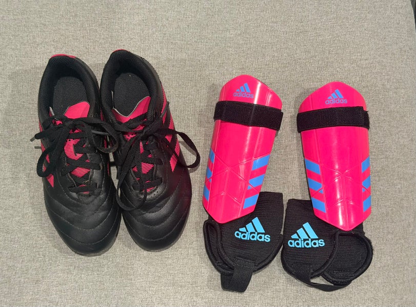 Size 13.5K Black/Pink Kids Adidas Goletto VIII Turf Cleats and Shin Guards (Used)