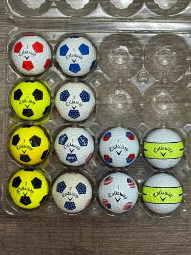 12 Callaway Chrome Soft Golf Balls - Truvis, TruTrack, 360 Yellow Stripe Designs