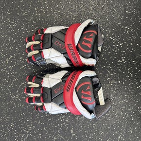 Used Warrior EXO QX TEAM 91 Lacrosse Gloves Junior White/Black/Red MD 11849-S000032473