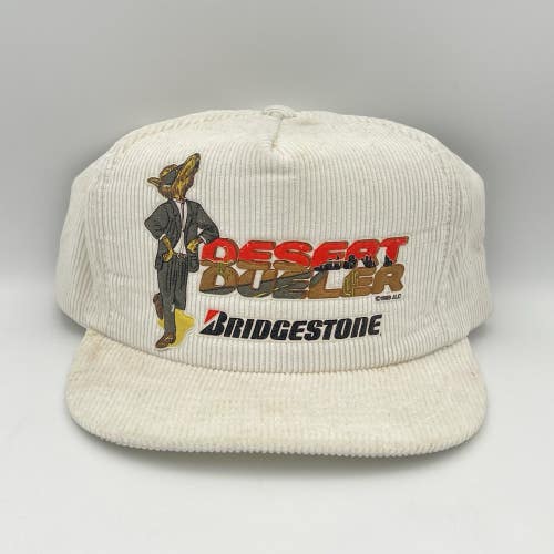 Vintage Bridgestone Tires Desert Dueler White Corduroy Snapback Camel Hat 1989