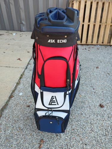 Ask Echo T-Lock 14 Divider Golf Cart Bag Re/White/Blue w Raincover