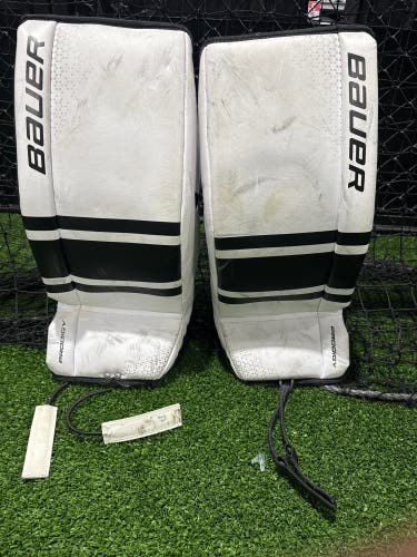 White & Black Bauer GSX Prodigy Goalie Leg Pads (Used) | Youth Medium (22+)