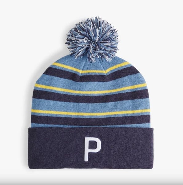 Puma WRMLBL Stripe Pom Beanie (Deep Navy, Blue Horizon, Pele Yellow, One Size)