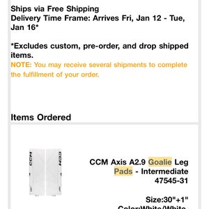 30" 2024 CCM Axis 2.9 Goalie Leg Pads (Used)