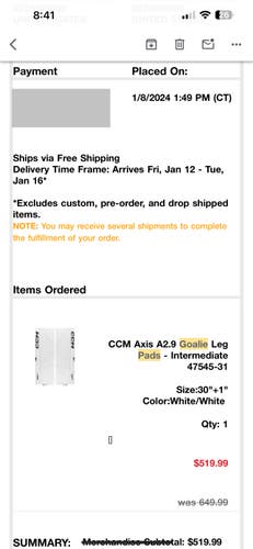 30" 2024 CCM Axis 2.9 Goalie Leg Pads (Used)
