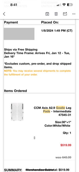 30" 2024 CCM Axis 2.9 Goalie Leg Pads (Used)