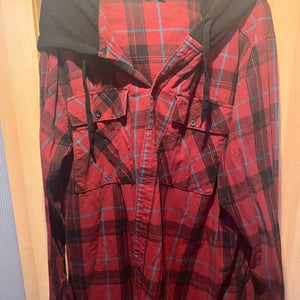 No Boundaries Button Up Hooded Red and Black Plaid Oversized Shirt Jacket XXL (Used)