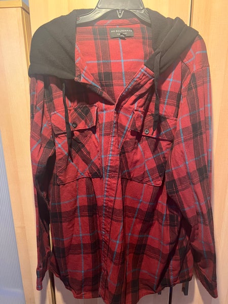 No Boundaries Button Up Hooded Red and Black Plaid Oversized Shirt Jacket XXL (Used)