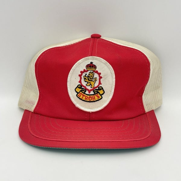 Vintage Strohs Beer Trucker Hat Snapback Patch Red Yellow Mesh Cap 1980s