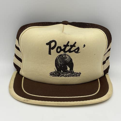 Vintage Potts Three Stripe Bear Snapback Hat Trucker Cap Rare