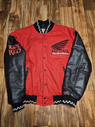 Vintage 1990s Honda Racing Red Riders Wool Leather Varsity Jacket Size Large