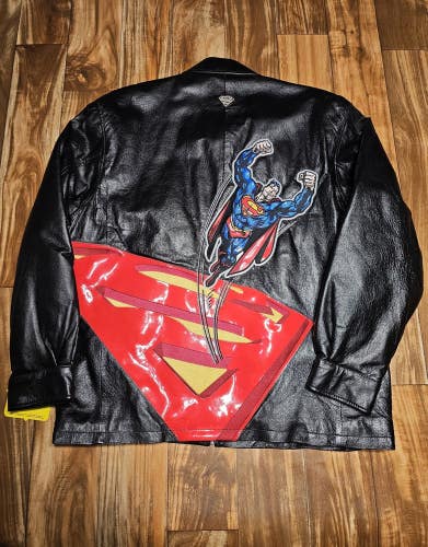 NEW Vintage Superman Black 100% Leather Warner Bros Giant Patch Print Size L/XL