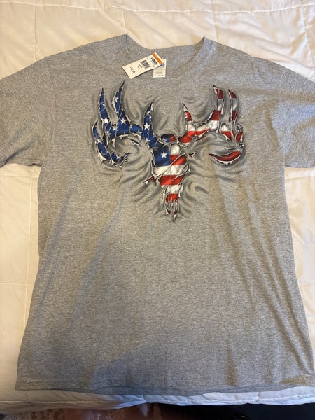 Grey Large American Flag Deer Skull/Antler Graphic T-Shirt - NEW WITH TAGS