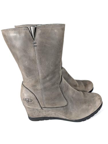 UGG Joely Gray Leather Waterproof Wedge Boots #1012528 Women's Size 7.5