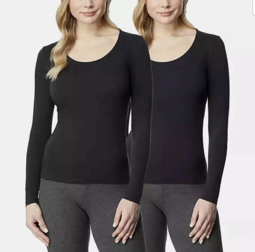 32 Degrees Womens XL Black 2Pk Heat Base Layer Long Sleeve Shirts Scoop Neck New
