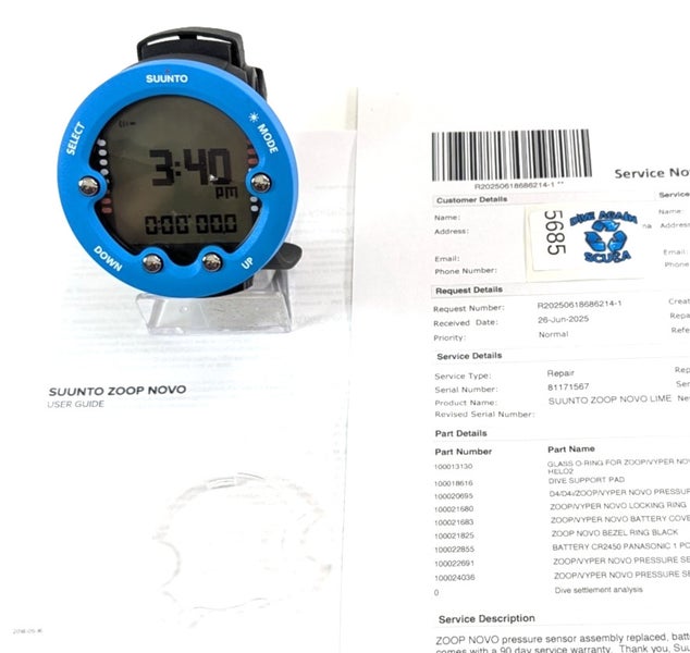 Suunto Zoop Novo Wrist Scuba Dive Computer Air & Nitrox Blue SERVICED      #5685