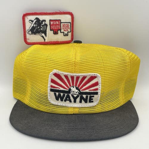 Vintage 80s Wayne Feeds All Mesh Patch Trucker Farmer Snapback Hat Cap + Patch