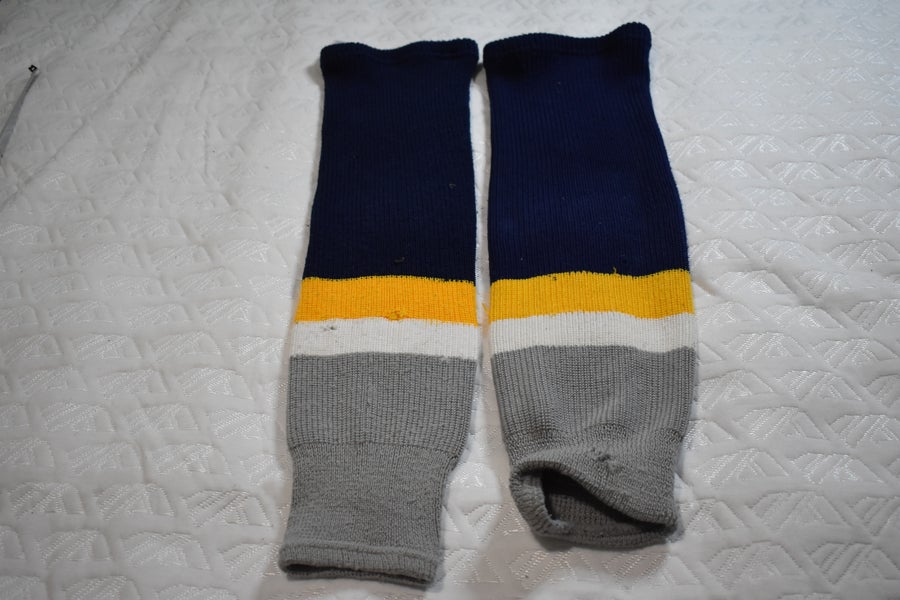 Knit Striped Hockey Socks, Blue/White/Gold/Gray, 24 Inches