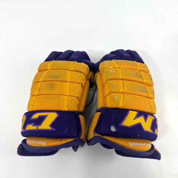 Used Yellow and Purple CCM 4 Roll Pro Gloves | 14" | E454