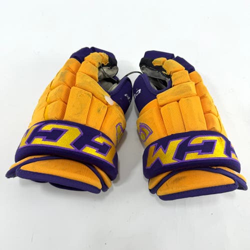 Used Yellow and Purple CCM 4 Roll Pro Gloves | 14" | E465