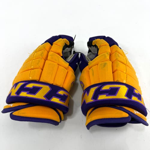 Used Yellow and Purple CCM 4 Roll Pro Gloves | 14" | E457