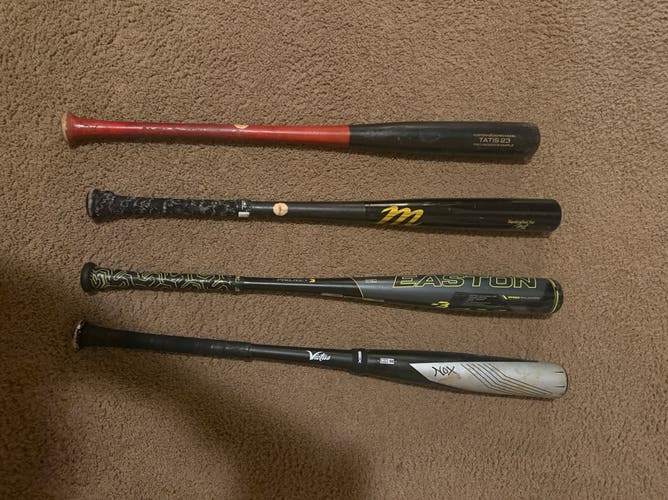 4 bats, all are 32/29, 2 wood (32/29 tatis model) (not used in game Lindor marrucci 32/29), 2 metal