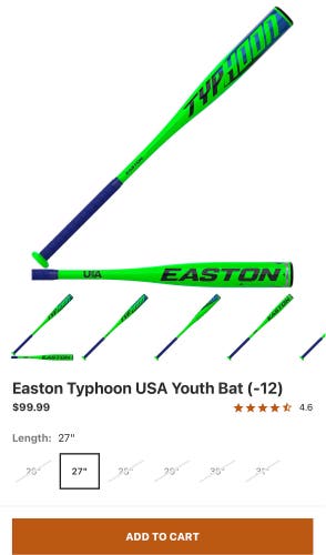 2022 Easton Typhoon Alloy USABat Certified Bat (-12) 15 oz 27" (Used)