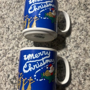 Russ Santa and Reindeer Christmas Ceramic Coffee Mugs Vintage Lot of 2