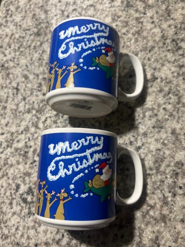 Russ Santa and Reindeer Christmas Ceramic Coffee Mugs Vintage Lot of 2