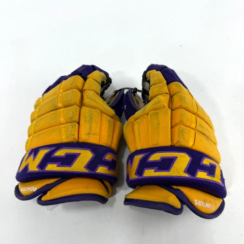 Used Yellow and Purple CCM 4 Roll Pro Gloves | 14" | E543