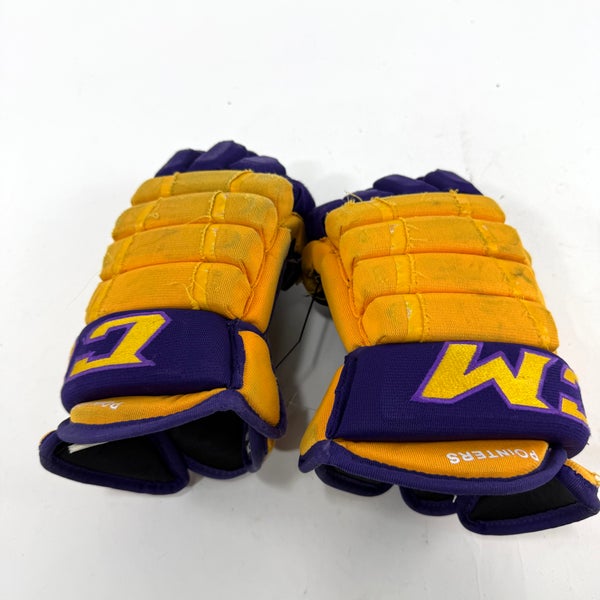 Used Yellow and Purple CCM 4 Roll Pro Gloves | 14" | E550