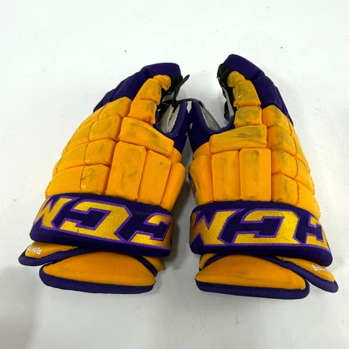 Used Yellow and Purple CCM 4 Roll Pro Gloves | 14" | E462