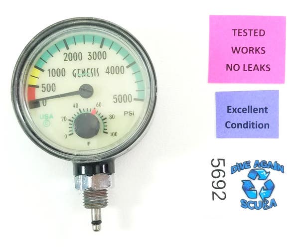 Genesis Sherwood 5000 PSI SPG Submersible Scuba Pressure Gauge + Thermometer