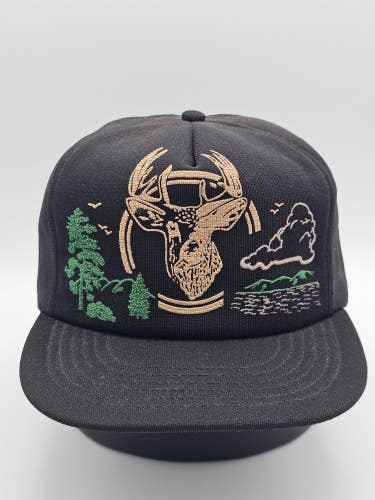 Vintage Deer Buck Hunting Nature Outdoor Black Vtg Made In USA Hat Snapback