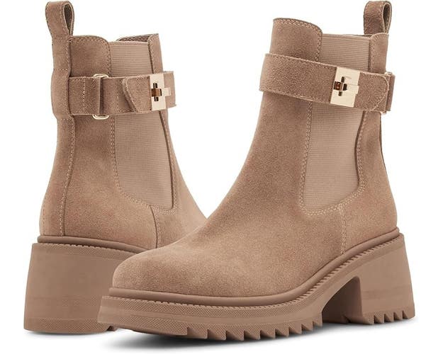 Steve Madden Gates Boots Women's Taupe Beige Suede Block Heel Ankle Bootie TZP61