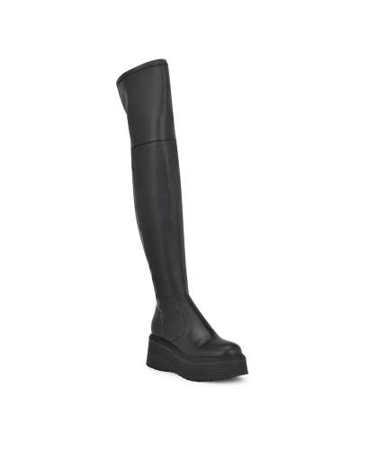 Nine West Geton Women's US 6.5 Black Leather Over The Knee Platform Boots TZP90