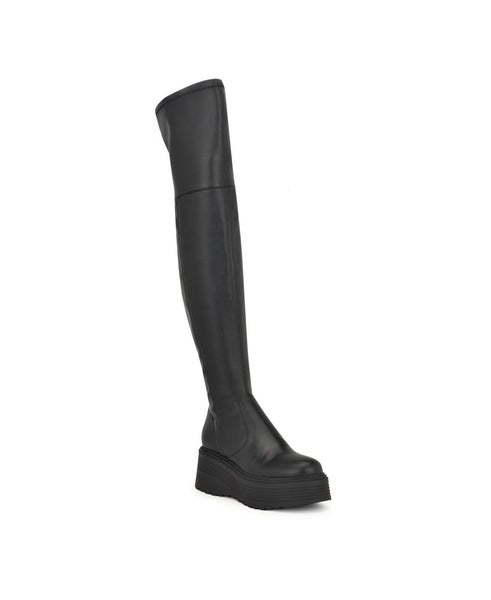 Nine West Geton Women's US 6.5 Black Leather Over The Knee Platform Boots TZP90