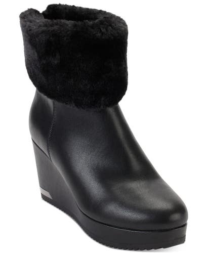 Dkny Nadra K3201890 Boots Women's US 9.5 Black Faux-Fur Wedge Heel Bootie TZP147