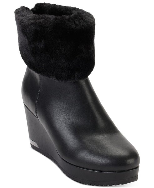 Dkny Nadra K3201890 Boots Women's US 9.5 Black Faux-Fur Wedge Heel Bootie TZP147