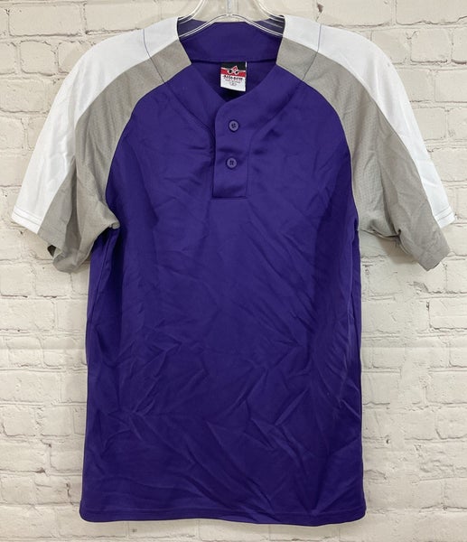 Alleson Athletic 80185 Adult's 2-Button Baseball Jersey Purple Gray White Small