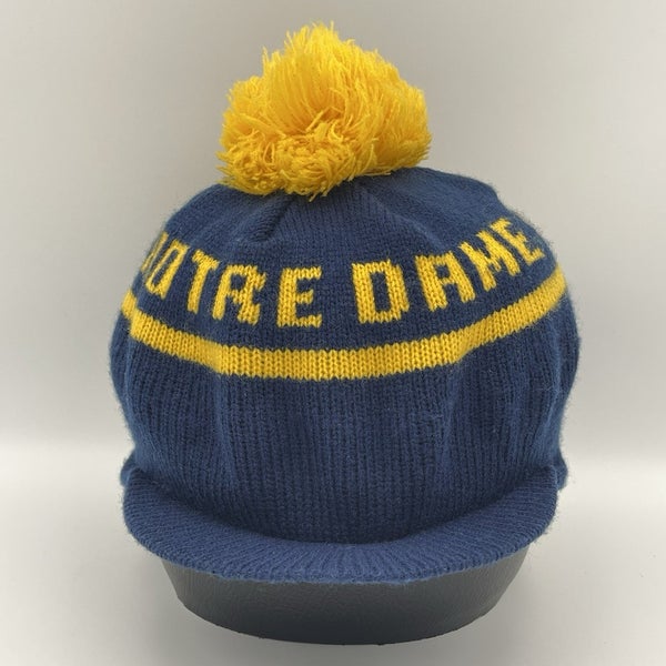 Vintage 90s Notre Dame Fighting Irish Blue Knit Brimmed Stocking Beanie Pom Hat