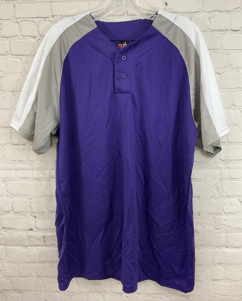 Alleson Athletic 80185 Adult's 2-Button Baseball Jersey Purple Gray White XL