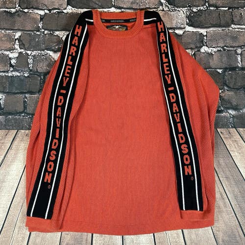 Harley Davidson Orange Knit Spellout Sweater Size XL Pullover Biker Vintage Moto