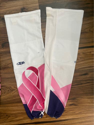 NEW SP Edge Style Pro Stock Hockey Shin Pad Socks White with Pink Breast Cancer