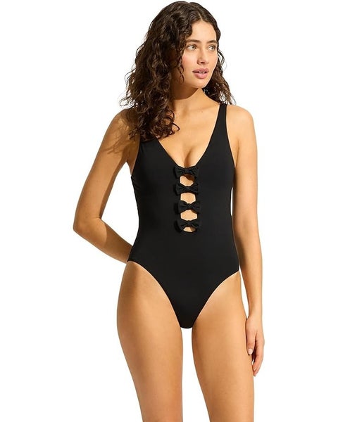 Seafolly Beau Bow Front One-Piece Women's 4 Black Nylon Stretch Swimsuits TLW26