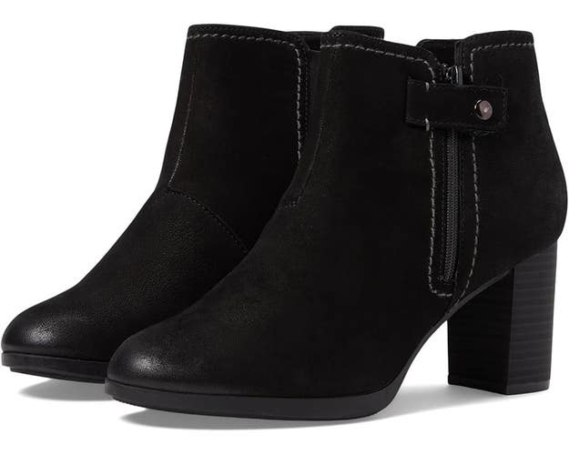 Clarks Bayla Glow Boots Womens US 8 Black Leather Block Heel Ankle Bootie TZP183