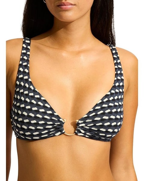 Seafolly Mala Ring Front Tank Bikini Top Women's 8 Black Stretch Swimwear TLW43