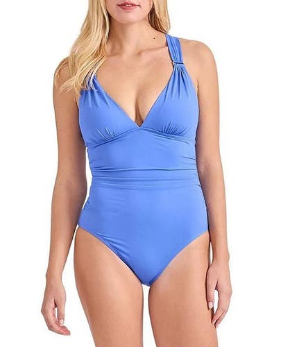 Tommy Bahama Pearl V-Neck Solid One-Piece Women's Paradiso Blue Swimsuit TLW93