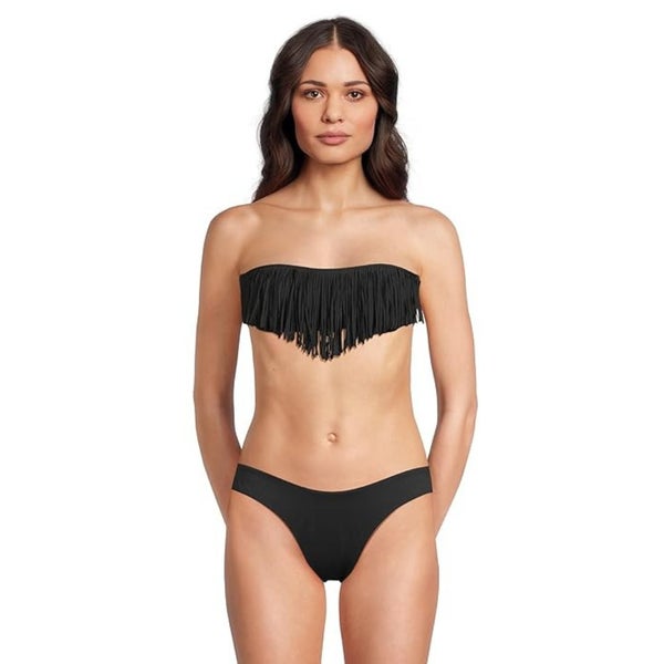 L*Space Dixie Top Womens XL Black Fringe Nylon Stretch Strapless Swimwear TLW74